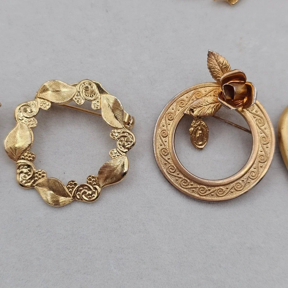 Vintage‎ Brooch Pin Lot 6pc Gold Tone Heart Bow Faux Pearl Floral Classic